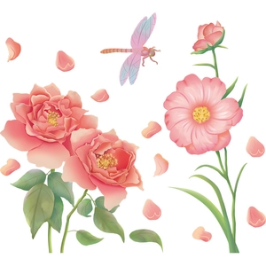 Floral wall decal featuring pink roses, daisies, and a purple dragonfly on white background
