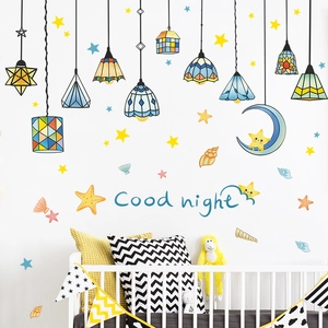 Cartoon colorful hanging lamps and stars wall decal set for children's bedroom decor