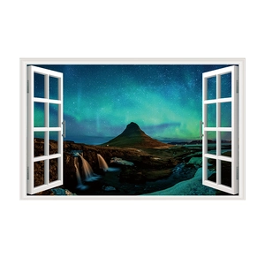 Detail view of 3D window wall sticker featuring Aurora Borealis and snowy mountains