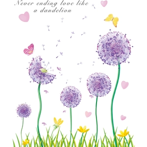 Romantic purple dandelion wall sticker with butterflies and never ending love quote