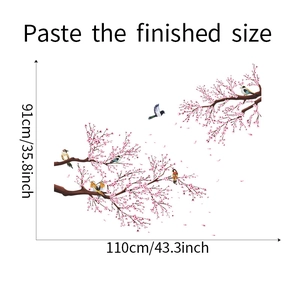 Detail of pink cherry blossom branches and colorful birds wall stickers with dimensions