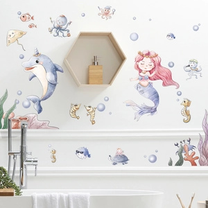 Stickers muraux sirène et animaux marins pour chambre d'enfant et décor de salle de bain