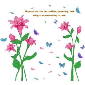 Pink lily flower wall stickers with colorful butterflies and nature slogan for home decor