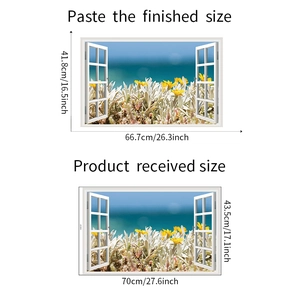Detailed size specifications for 3D fake window sea view wall sticker showing product dimensions