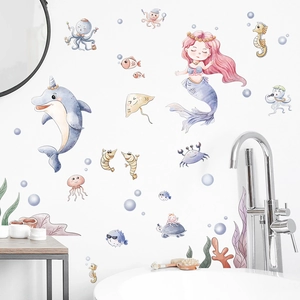 Stickers Muraux Dessin Animé Aquarelle Sirène Animaux Océan Décoration Chambre Enfant Salle de Bain Autocollants Muraux PVC