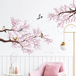Pastoral Cherry Blossom Tree Branch Bird Wall Sticker PVC Removable Pink Floral Self-Adhesive Decal For Bedroom Home Decor