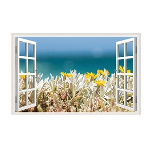 3D wall sticker detail showing yellow flowers on a beach with white faux window frame