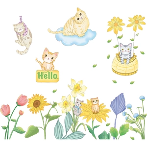 Cute cartoon cats and colorful flowers self-adhesive wall stickers for kids room decor