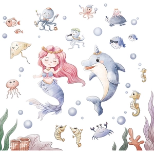 Stickers muraux sirène et animaux marins pour chambre d'enfant, style aquarelle adhésif
