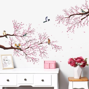 Floral wall decal with pink plum blossoms and birds for cozy home bedroom decor