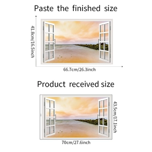 Detailed dimensions of 3D beach sunset window wall sticker showing received and finished size