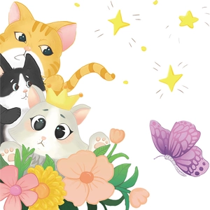 Cute cartoon cats and flower wall decals for children's room kindergarten decoration