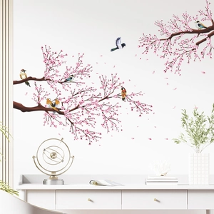Self-adhesive wall sticker featuring elegant pink plum blossoms and birds for home decor