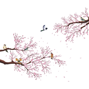 Pastel pink cherry blossom tree branches with birds self-adhesive home wall stickers