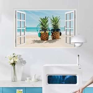 3D wall sticker detail of funny pineapples with headphones on a tropical beach backdrop