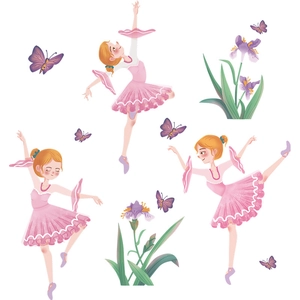 Ballerina wall decals with pink tutu girls, purple butterflies and iris flowers for nursery