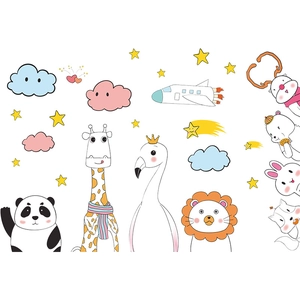 Cartoon animal wall stickers with panda giraffe and stars for kids room decor