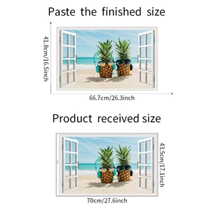 Layout and size guide for beach 3D window wall sticker featuring fun pineapples