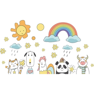 Cartoon animal wall stickers with sun rainbow and clouds for kids room DIY decoration