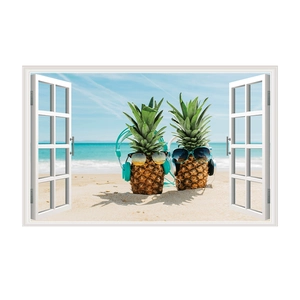 Detail of 3D window wall sticker showing cool pineapples with sunglasses on a sunny beach