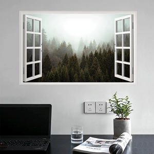 Macro detail of 3D window wall decal featuring a misty green forest landscape scenery