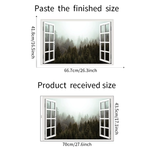 Detail view of 3D window wall sticker showing misty forest scenery and product dimensions