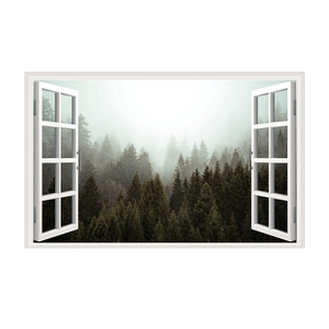Detail of 3D window wall sticker showing a misty evergreen forest through white frames