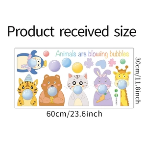 Detailed 60x30cm PVC wall sticker layout featuring cute animals blowing bubbles for nursery