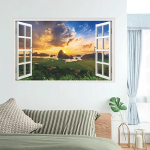 3D fake window wall sticker featuring a sunset island landscape for bedroom decor