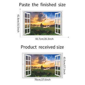 Detailed dimensions of 3D window wall sticker showing received and finished product sizes