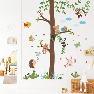 Cartoon forest animal wall stickers set with trees, pandas and monkeys for kids room decor