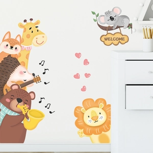 Cartoon animal wall stickers with musical instruments for children bedroom nursery decor