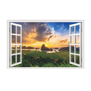 Detail of 3D fake window wall sticker featuring a tropical island sunset landscape