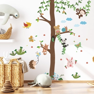 Cartoon forest animals wall decal with panda and monkey for kids bedroom decoration