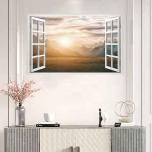 Detail of 3D fake window wall sticker showing a sunrise mountain landscape view