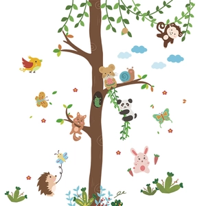 Cartoon forest animals and tree wall decals for children's bedroom decor