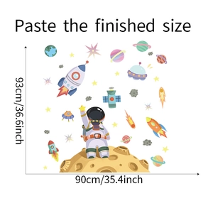 Space astronaut and rocket wall sticker layout showing the finished size of 90cm by 93cm