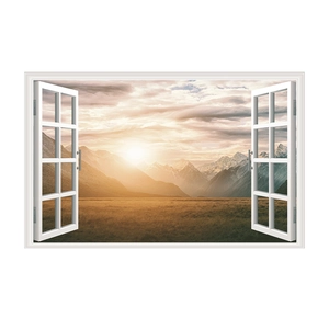 Macro view of 3D fake window wall sticker featuring a sunrise over snowy mountains