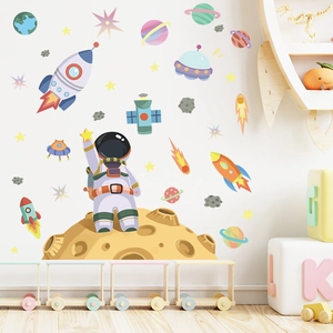 Astronaut Space Planet Rocket Stars Wall Stickers For Kids Room Nursery Kindergarten PVC DIY Cartoon Decorative Wall Decals