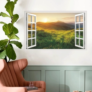 3D faux window wall decal featuring a mountain sunrise view in a modern living room