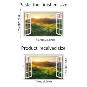 Size chart for 3D fake window mountain wall sticker showing dimensions in cm and inches