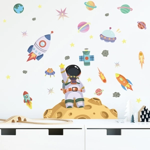 Cartoon astronaut and planets wall stickers set for children nursery room decoration