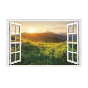 Detail view of 3D faux window wall decal featuring a sunrise over mountain meadows scenery