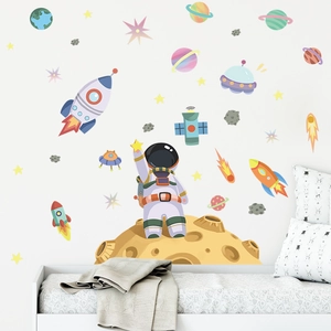 Cartoon astronaut and rocket wall stickers set for creative kids bedroom wall decor