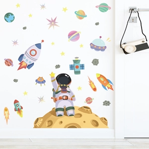Cartoon astronaut and colorful rocket wall stickers set for nursery room decoration