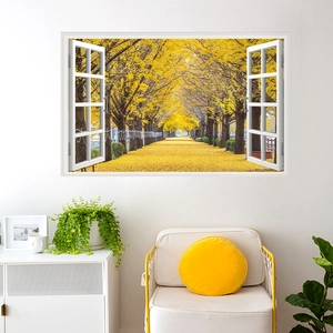 Detail showing 3D fake window wall sticker featuring a golden autumn ginkgo tree landscape