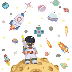Cartoon astronaut and space rockets wall decals for children room decoration