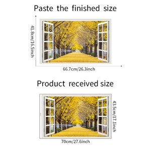 3D window wall sticker showing dimensions of the golden ginkgo forest landscape decal