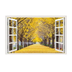 3D wall sticker featuring a faux window view of a golden ginkgo forest landscape