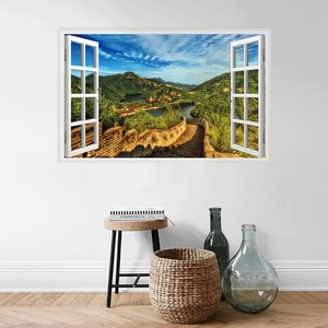 Detailed view of a 3D window wall sticker featuring the Great Wall landscape and blue sky
